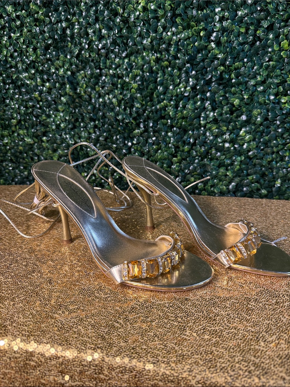 Jessica Simpson Metallic Gold Jeweled Strappy Heels